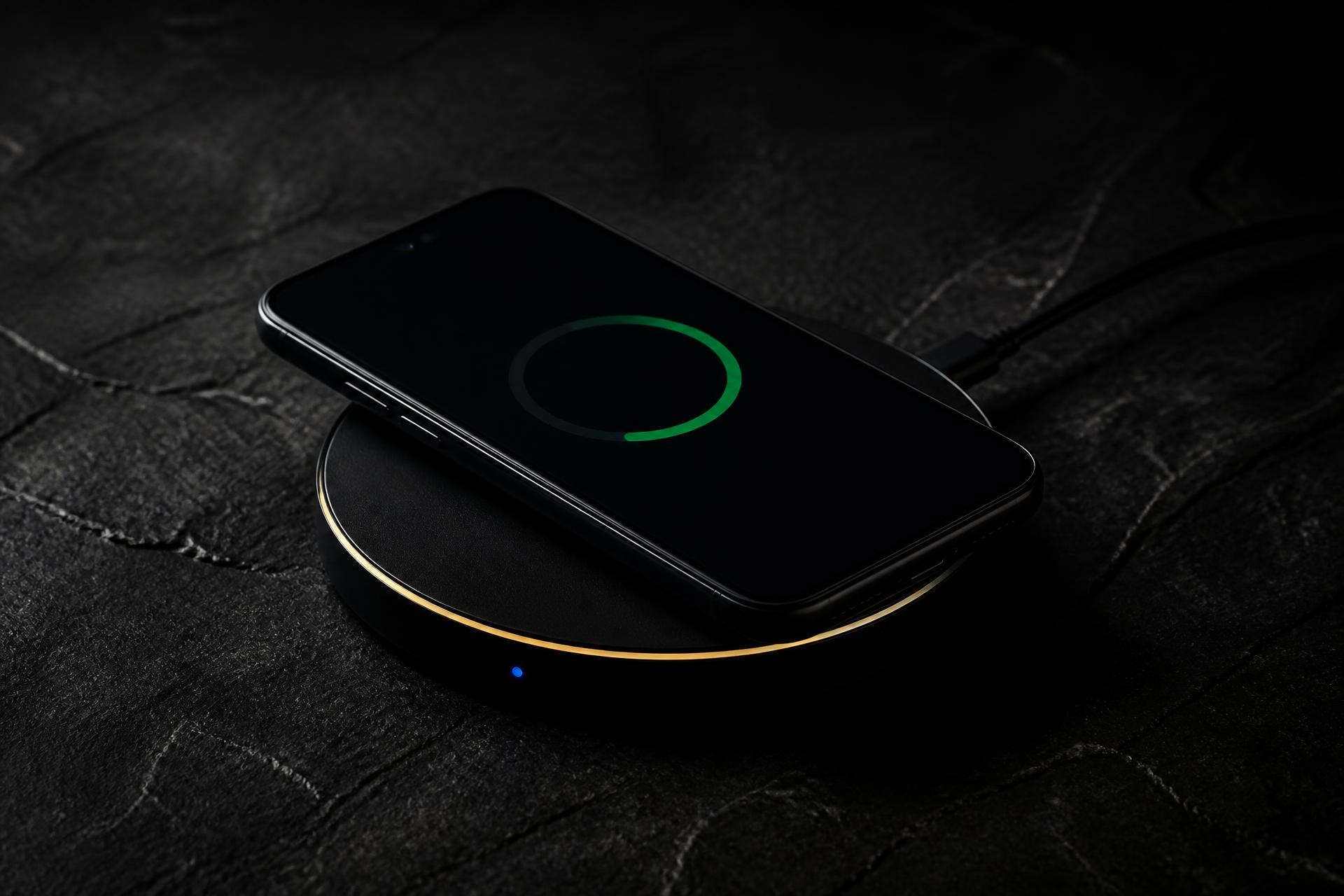 Dispositif de recharge de téléphone posé sur une table sombre